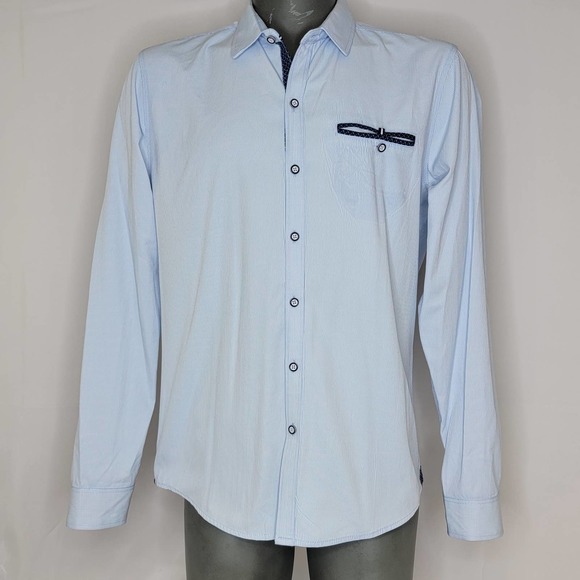 Craft Flow Seersucker Sky Blue Long Sleeve Pattern Flip Cuff Button Shirt Large - Picture 1 of 10